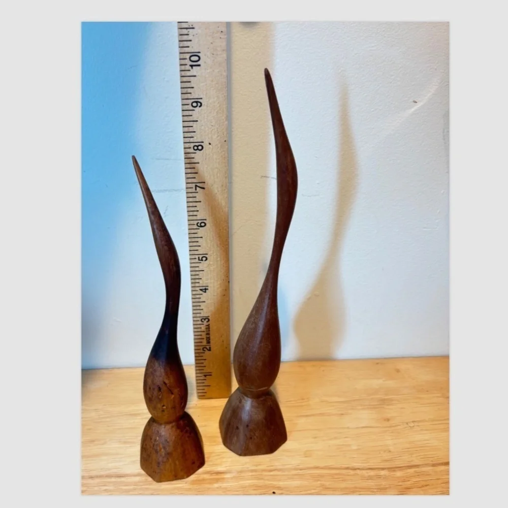 Danish Teak Wood Bird Sculpture Set of 2 Carved Midcentury MCM Folk Art Mantle